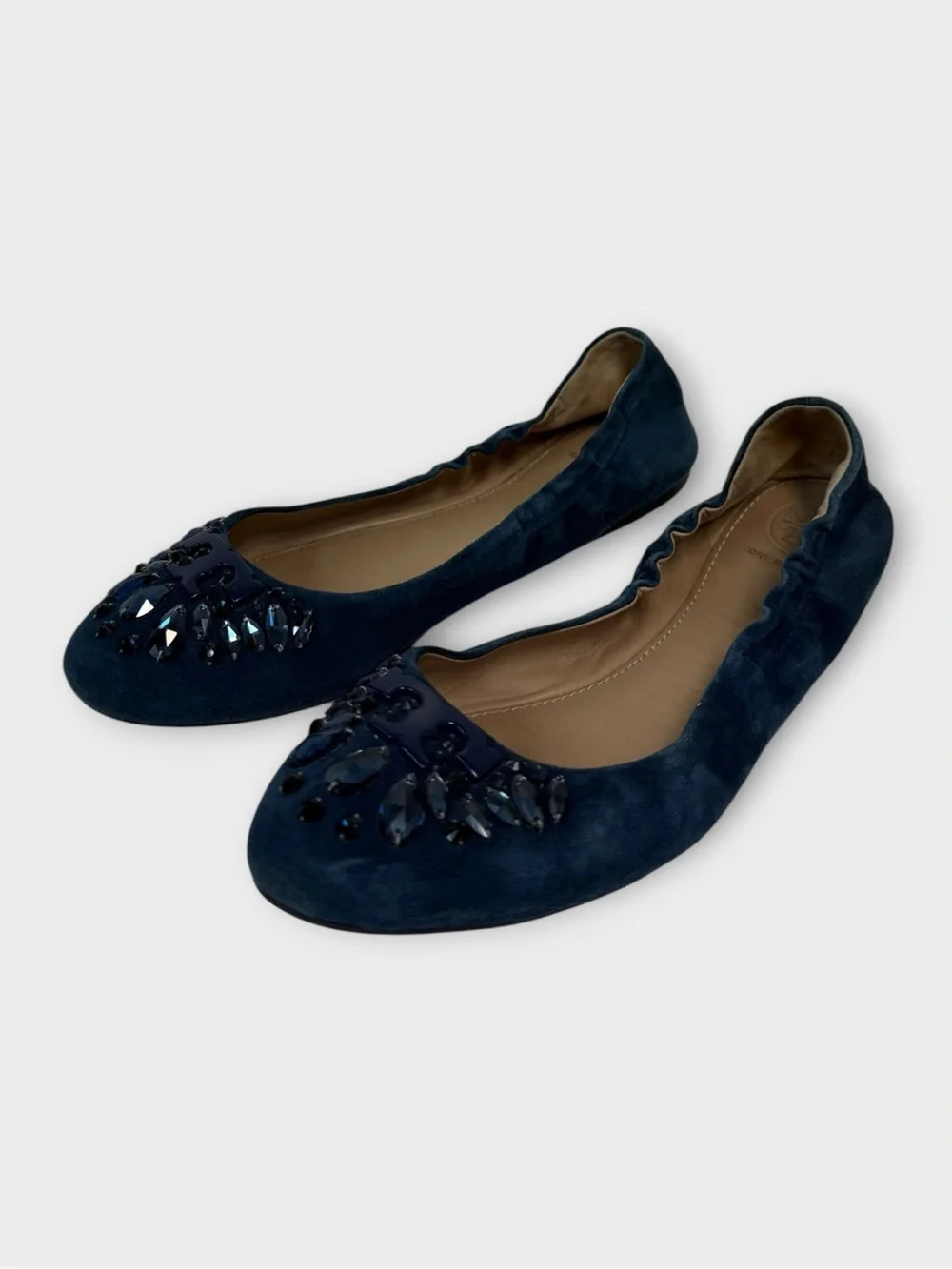 Tory Burch Navy Suede Crystal-Embellished Ballet Flats